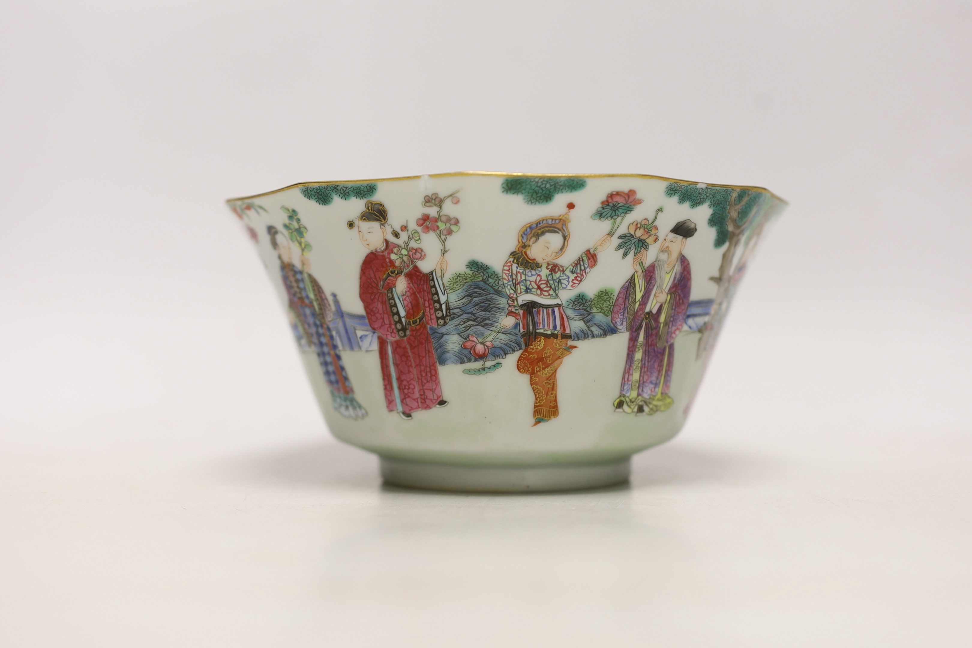 A Chinese famille rose bowl, Daoguang seal mark and of the period (1821-50), painted with famous historical and mythical figures, 18cm diameter (a.f.)